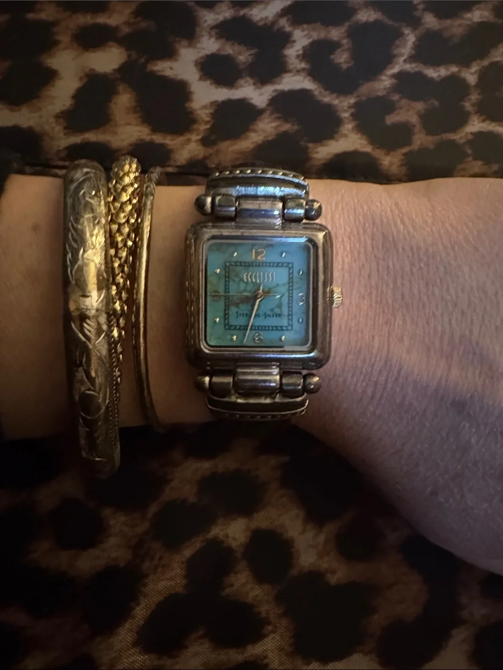 Ecclissi Vintage Style Square Dial Wristwatch - Gold Tone with Turquoise Face